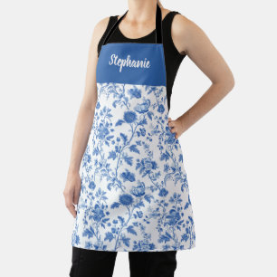 Tablier Fleurs de style vintage bleu blanc avec nom person