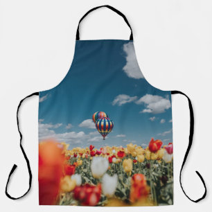 Tablier Fleurs de tulipe jaune et rouge sous montgolfière