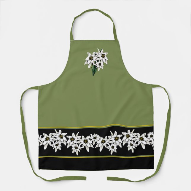 Tablier Fleurs Edelweiss vertes et noires Adultes (Recto)
