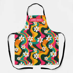 Tablier Fleurs marguerites Motif rétro animé avec nom