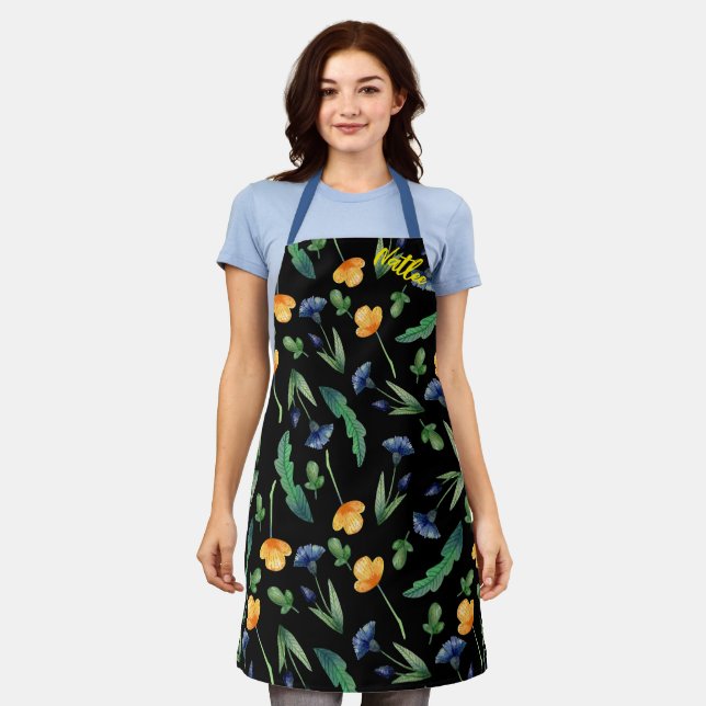 Tablier Fleurs multicolores violettes, jaunes, noires Chef (Porté)