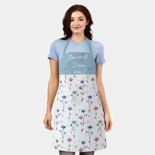 Tablier Fleurs personnalisées minimales bleues et roses vi