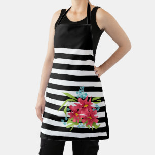 Tablier fleurs roses floral noir blanc rayé