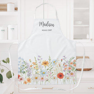 Tablier Fleurs sauvages de monogramme aquarelle cuisine fl