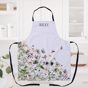 Tablier Fleurs sauvages mauves à l'aquarelle et monogramme