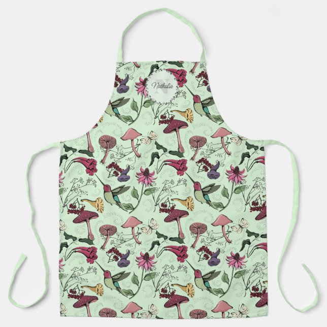 Tablier Fleurs vertes modernes, feuillage et colibri Nom (Recto)