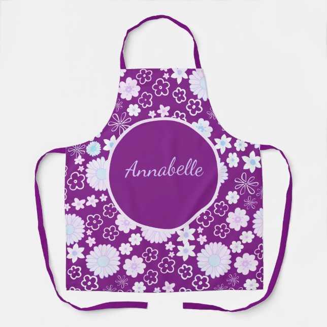 Tablier Fleurs violettes Gras Modèle Floral Fille Nommé (Recto)