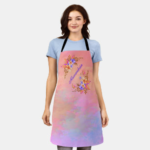 Tablier Fleurs violettes jaunes Aquarelle Motif rose