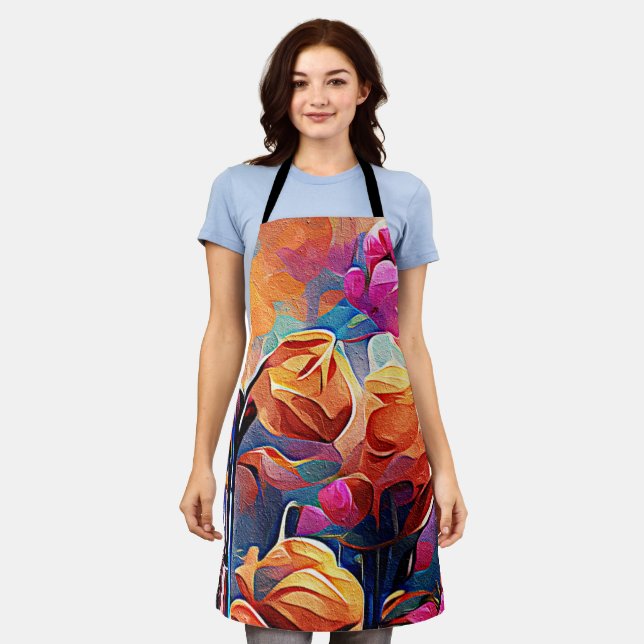 Tablier Floral Abstract Art Orange Red Blue Flowers (Porté)
