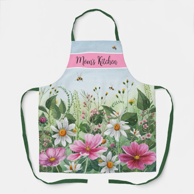 Tablier Floral aquarelle fleuron nom personnalisé (Recto)