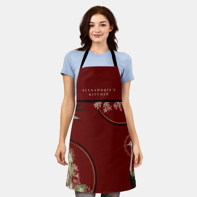 Tablier Floral Artistique Bourgogne + Votre Nom Cuisine (Porté)