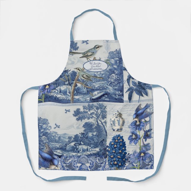 Tablier Floral Birds Anglais Jardin Bleu et Blanc Toile A (Recto)