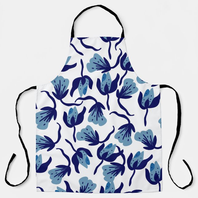 Tablier Floral De Pansy Bleu : Sans Mer Dessiné À La Main. (Recto)
