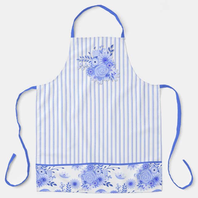 Tablier Floral et rayures bleu et blanc (Recto)