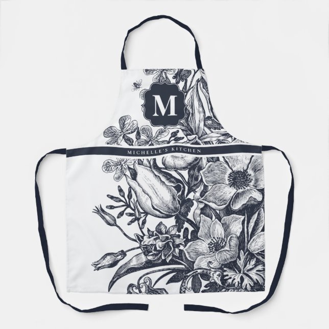 Tablier Floral Ferme française Monogram Marine White Apron (Recto)