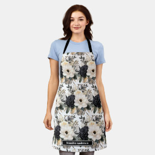 Tablier floral moderne noir et blanc à aquarelle