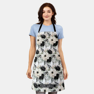 Tablier floral moderne noir et blanc à aquarelle