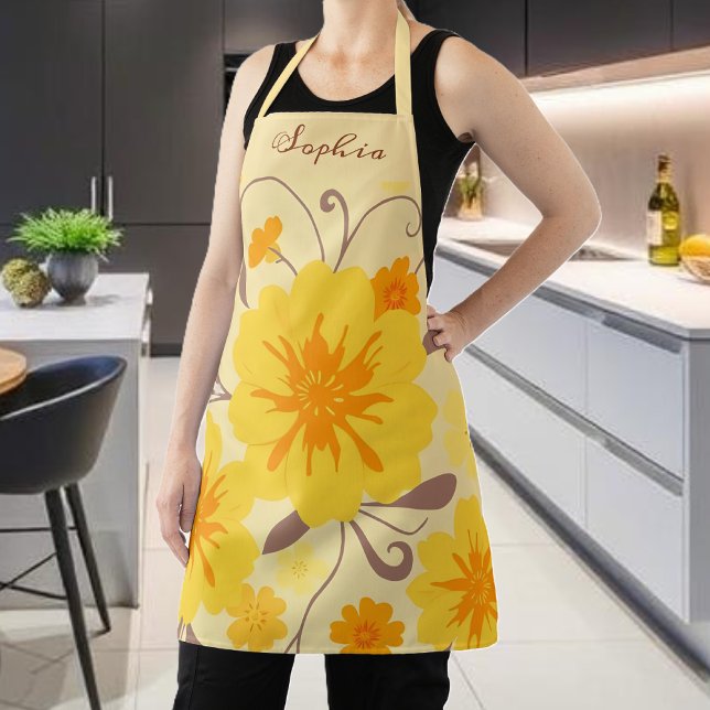 Tablier Flore rétro Sunshine Motif-Fleurs Jaunes (Retro Sunshine Floral Pattern-Yellow Flowers  Apron )