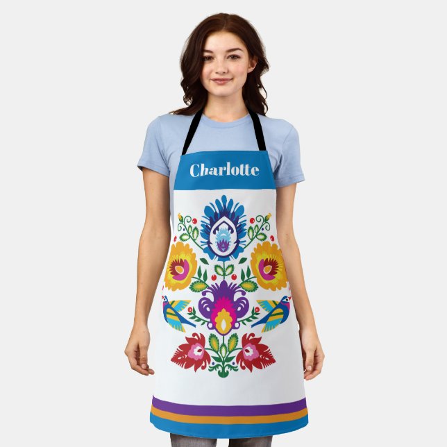 Tablier Folklore avec fleurs et 2 oiseaux (Porté)