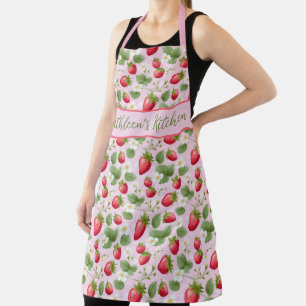 Tablier Fraise personnalisée Rouge rose Fleurs blanches