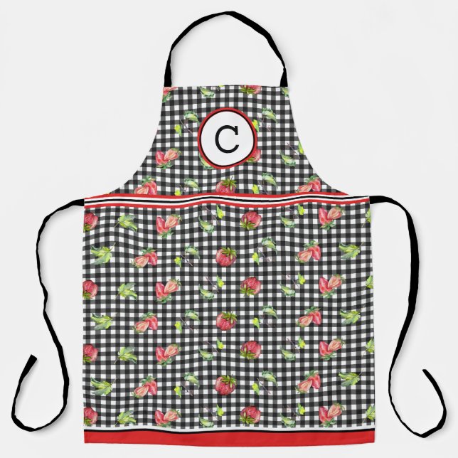 Tablier Fraises sur Gingham Noir Monogrammé (Recto)