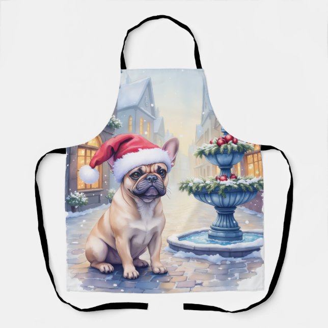 Tablier French Bulldog Snowy Town Fountain Santa Christmas (Recto)