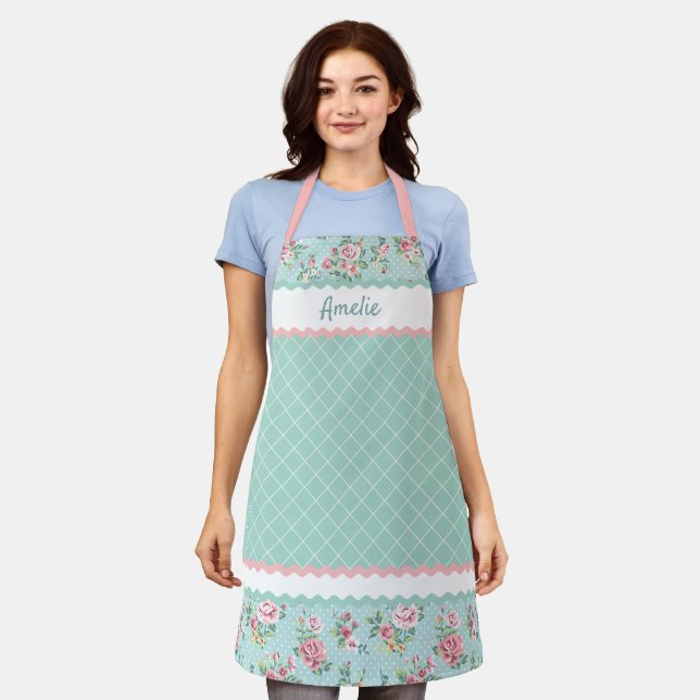 Tablier French Shabby Chic Pastel Turquoise Rose Bleu (Porté)
