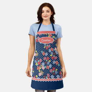 Tablier Fun Fleurs Vintages Motif À petits pois Sur Bleu F