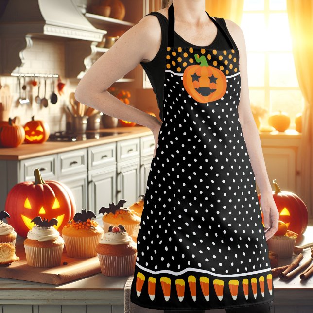 Tablier Fun Halloween Citrouille Candy Corn (Halloween pumpkin and candy corn apron, with white polka dots on black background.)