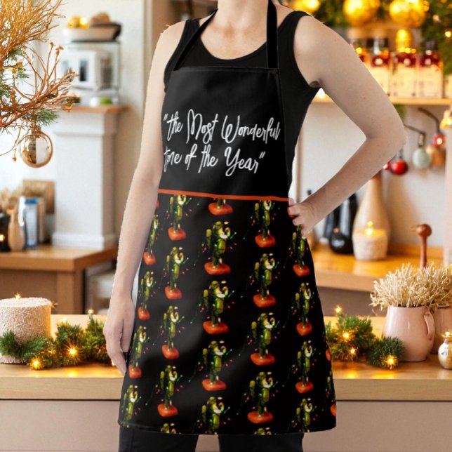 Tablier Funny Christmas Lights on Cactus Candle Pattern (cactus candle draped in Christmas light with template text all-over design apron)