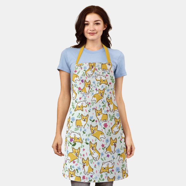 Tablier Funny Corgi Chien Floral Apron (Porté)