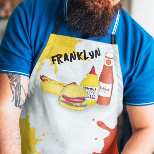 Tablier Funny Grill barbecue personnalisé (Custom BBQ hamburgers, hotdog, ketchup and mustard large apron)