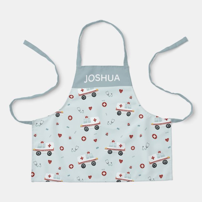 Tablier Garçons Bleu mignon Ambulance Motif Enfants (Recto)