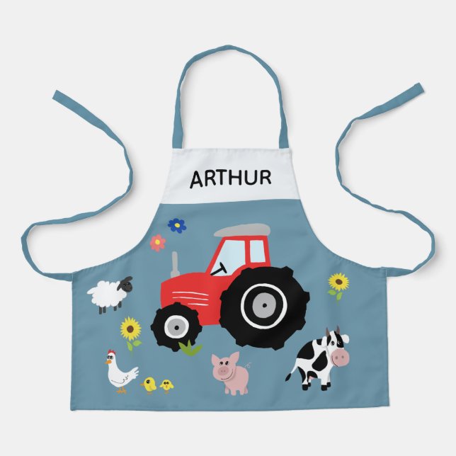 Tablier Garçons Cute Moderne Ferme Animaux Tracteur & Nom  (Recto)