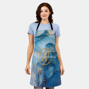 Tablier Géode Bleue Agate Or Monogramme Script Nom