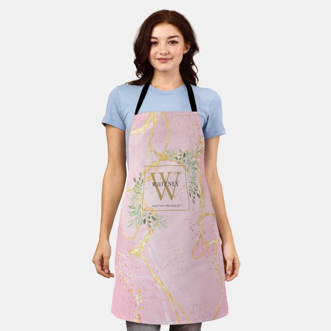 Tablier Géode d'agate rose Monogramme doré Feuillage (Porté)