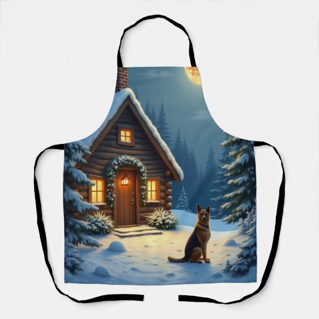 Tablier German Shepherd Snowy Forest Cabin Christmas Paint (Recto)