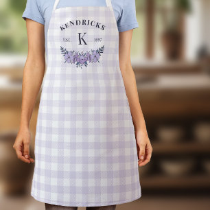 Tablier Gingham Floral Familial Monogramme Violet Clair