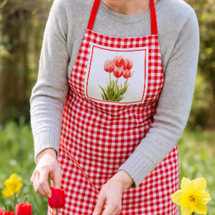 Tablier Gingham rouge de style campagnard avec tulipes rou