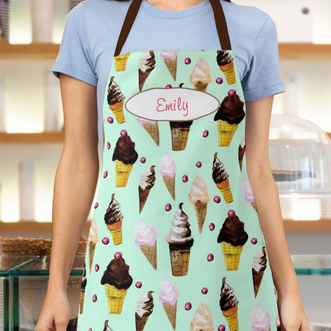 Tablier Glace Parfumerie Vert Menthe Personnalisée (This retro mint green ice cream apron features my own watercolor art of chocolate and vanilla cones.)
