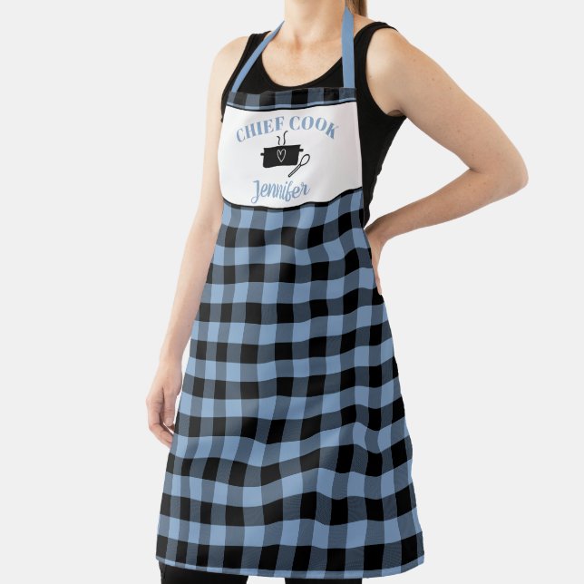 Tablier Glacier Blue and Black Cook Buffalo Plaid Motif (Insitu)