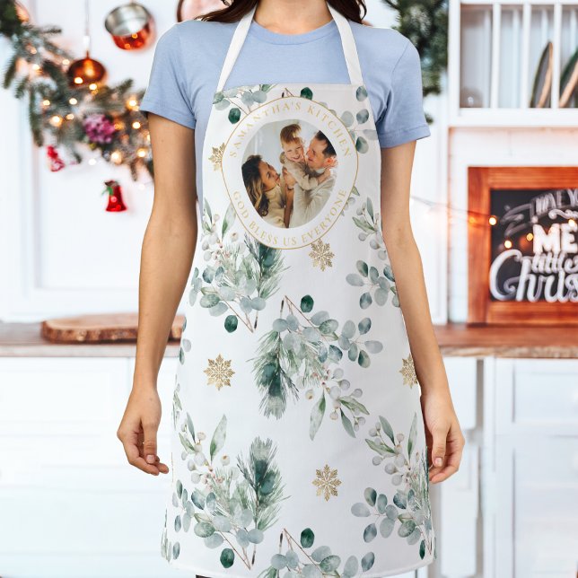 Tablier Gloire à Dieu Bible Verse Noël (Religious Christmas apron with photo, name and the words "God bless us everyone".)