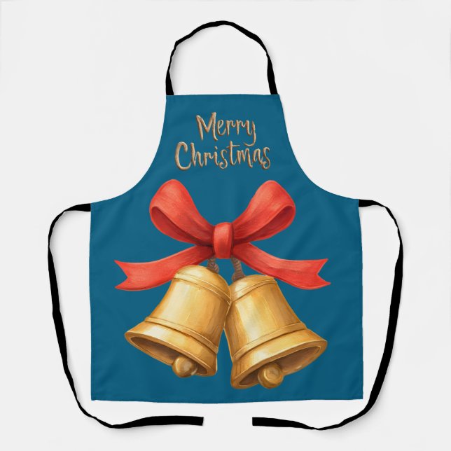 Tablier Golden Christmas Bells Blue Holiday Apron (Recto)