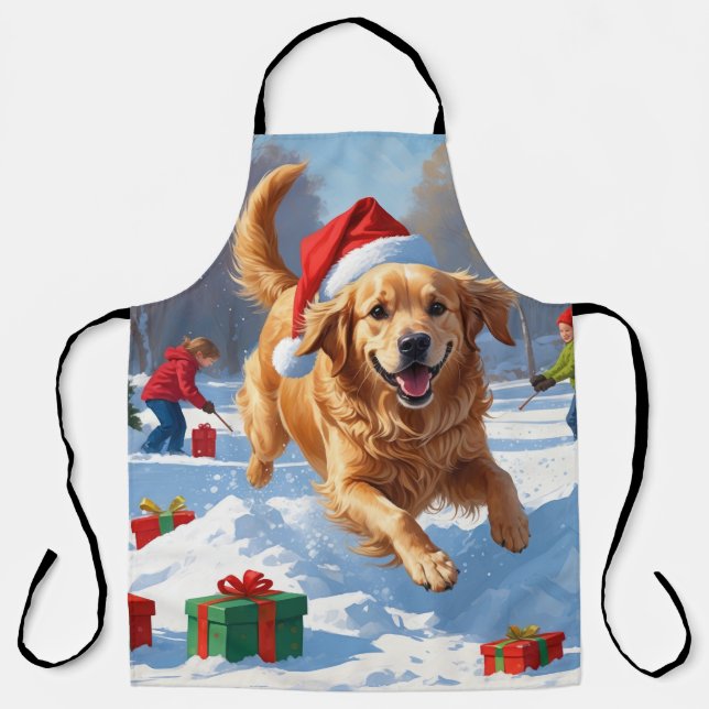Tablier Golden Retriever en neige avec Casquette de Noël (Recto)