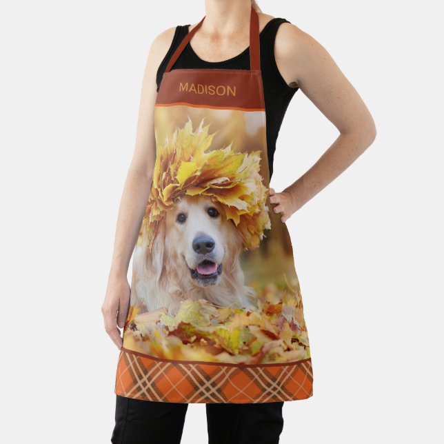 Tablier Golden Retriever Photo Fall Tartan Personnalisé (Insitu)