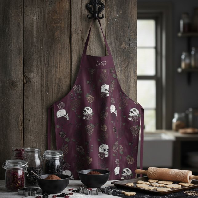 Tablier Gothic Burgundy Floral Skulls (Gothic Dark Floral Skulls and Roses Burgundy Apron for Her or Goth Mom with a Name)