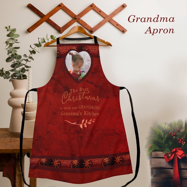 Tablier Grand-mère photo de Noël ROUGE (RED Christmas Photo Grandma Apron)