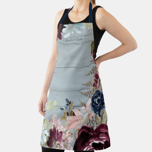 Tablier Grandma Bourgogne Floral rose Peony Dusty Blue Woo (Insitu)