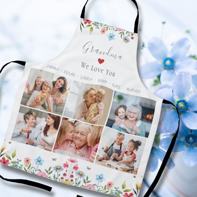 Tablier GRANDMA NOUS VOUS AIMONS Votre Nom Photo Collage A ("Cherish kitchen moments with our Mother's Day apron, adorned with 'Mama/Grandma, We Love You.')