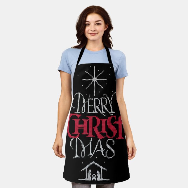 Tablier Granny Knit Religieux Joyeux CHRISTmas Calligraphi (Porté)